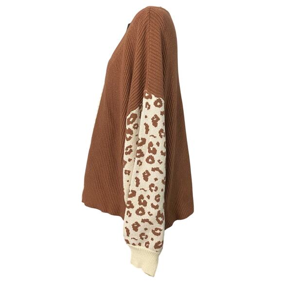Pink Lily Oversized Ribbed Sweater Colorblock Leopard Sleeve XL 1X Cozy Casual - Picture 3 of 8